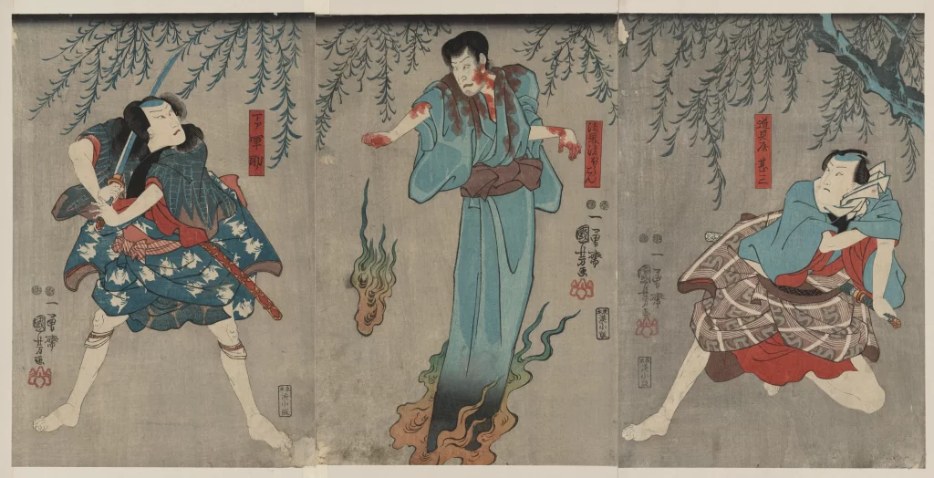 Traditional Japanese Art Samurai Blue And Red Dynamic Poses Historical Scene