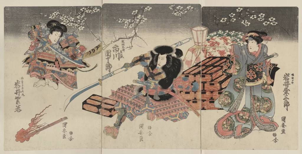 Traditional Japanese Art Samurai Colorful Attire Dynamic Action Historical Scene