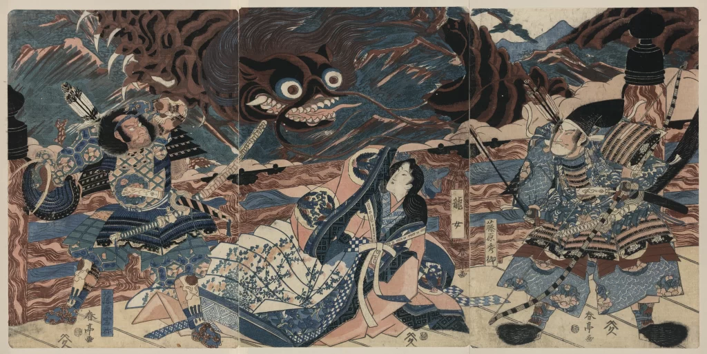 Traditional Japanese Art Samurai Dragon Vibrant Colors Dynamic Scene Historical Narrative