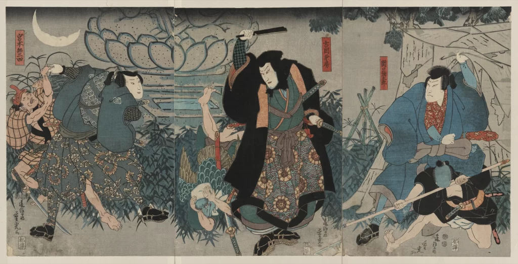 Traditional Japanese Art Samurai Dynamic Action Vibrant Colors Historical Scene