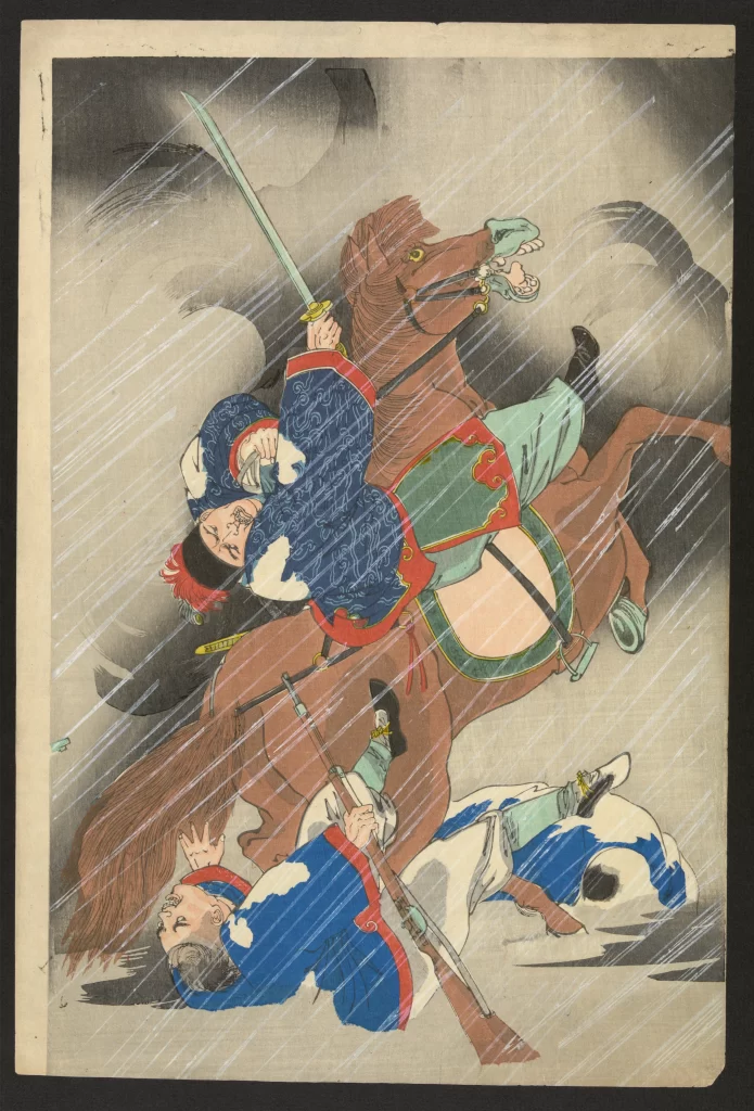 Traditional Japanese Art Samurai Horse Battle Rain Vibrant Colors