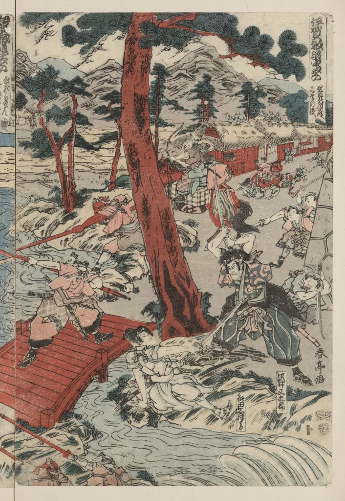 Traditional Japanese Art Samurai Red And Blue Dynamic Scene Historical Narrative