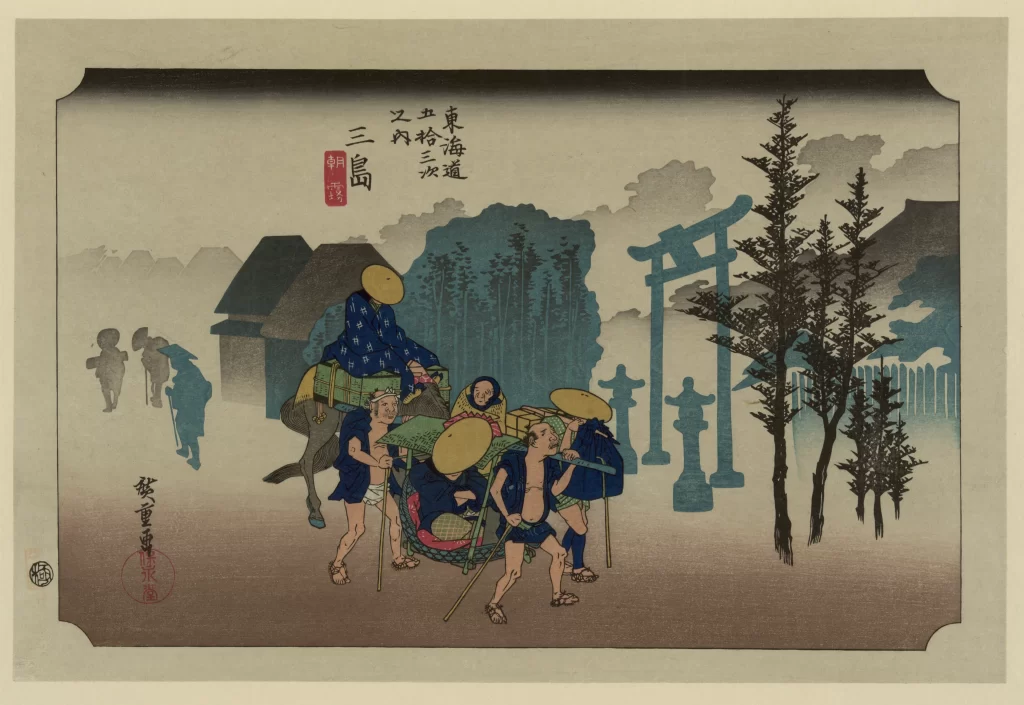 Traditional Japanese Art Serene Landscape Blue And White Hues Cultural Scene Historical Setting