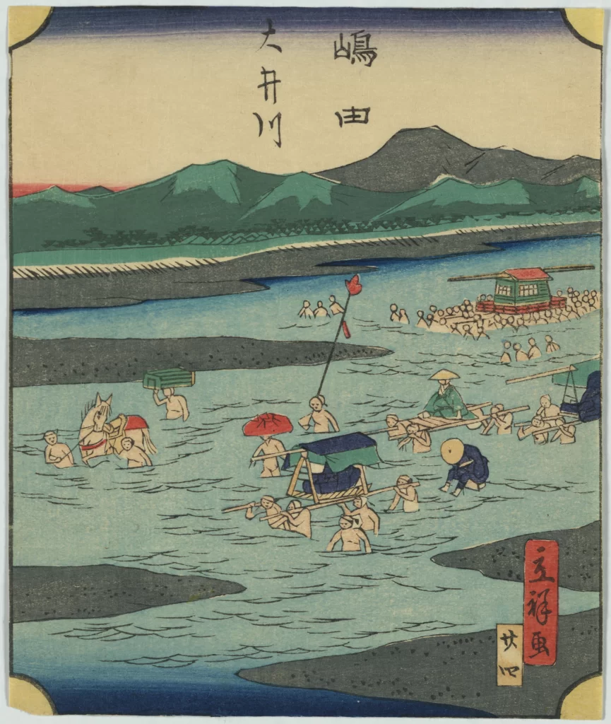 Traditional Japanese Art Serene Landscape River Scene Vibrant Colors Cultural Depiction Historical Setting