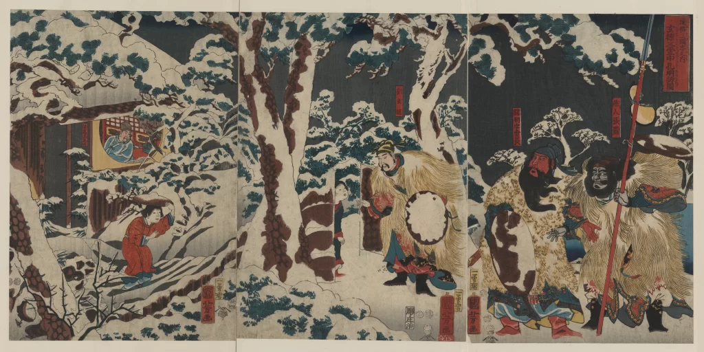 Traditional Japanese Art Snowy Landscape Historical Figures Vibrant Colors Cultural Narrative Dynamic Composition