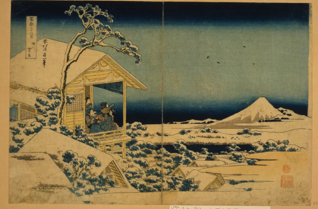 Traditional Japanese Art Snowy Landscape Mount Fuji Wooden Architecture Serene Scene