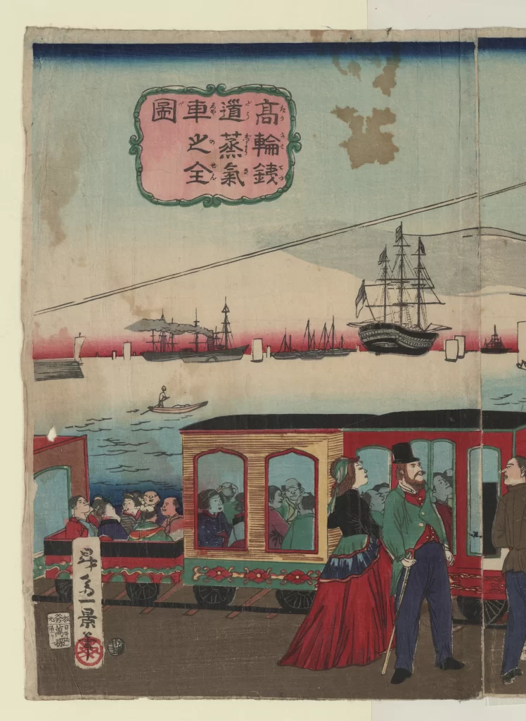 Traditional Japanese Art Steam Locomotive Colorful Historical Scene Cultural Depiction