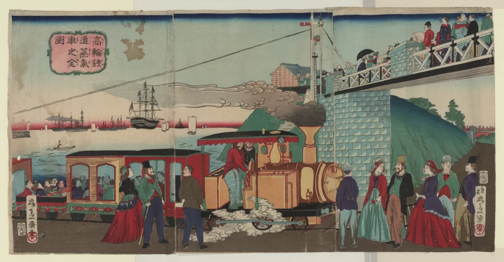 Traditional Japanese Art Steam Locomotive Colorful Historical Scene Cultural Depiction