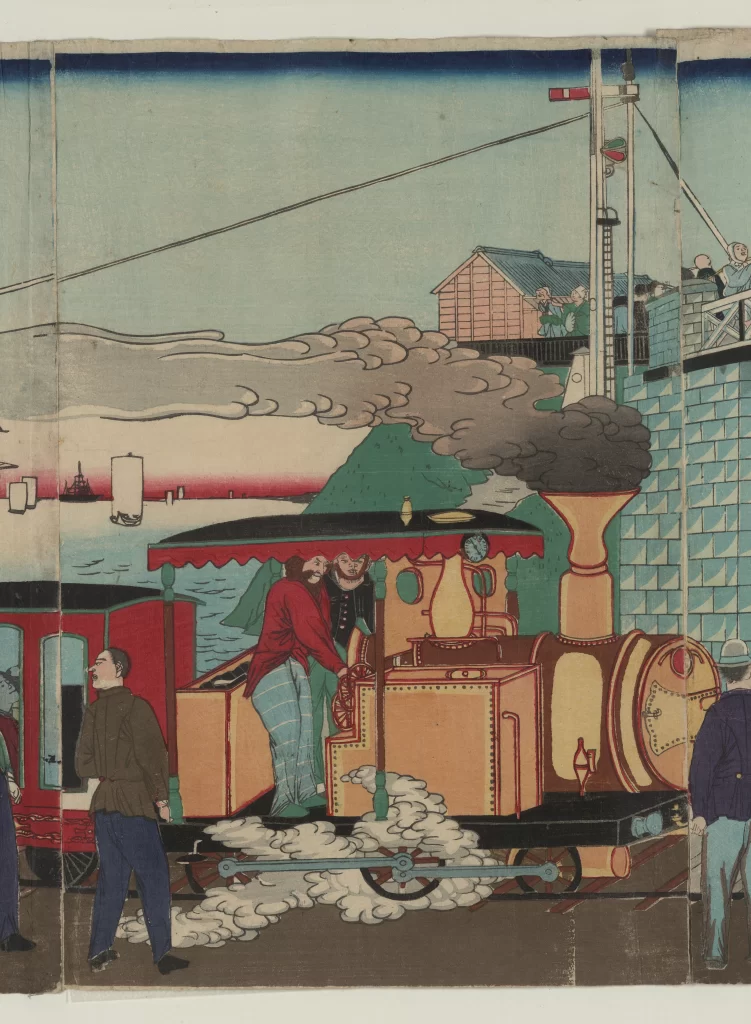 Traditional Japanese Art Steam Locomotive Vibrant Colors Historical Scene