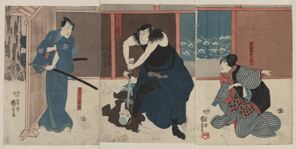 Traditional Japanese Art Sumo Wrestler Blue And Red Dynamic Scene Historical Setting