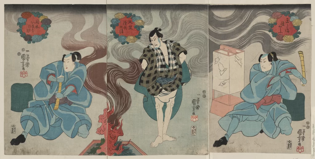 Traditional Japanese Art Sumo Wrestler Triptych Vibrant Colors Dynamic Composition