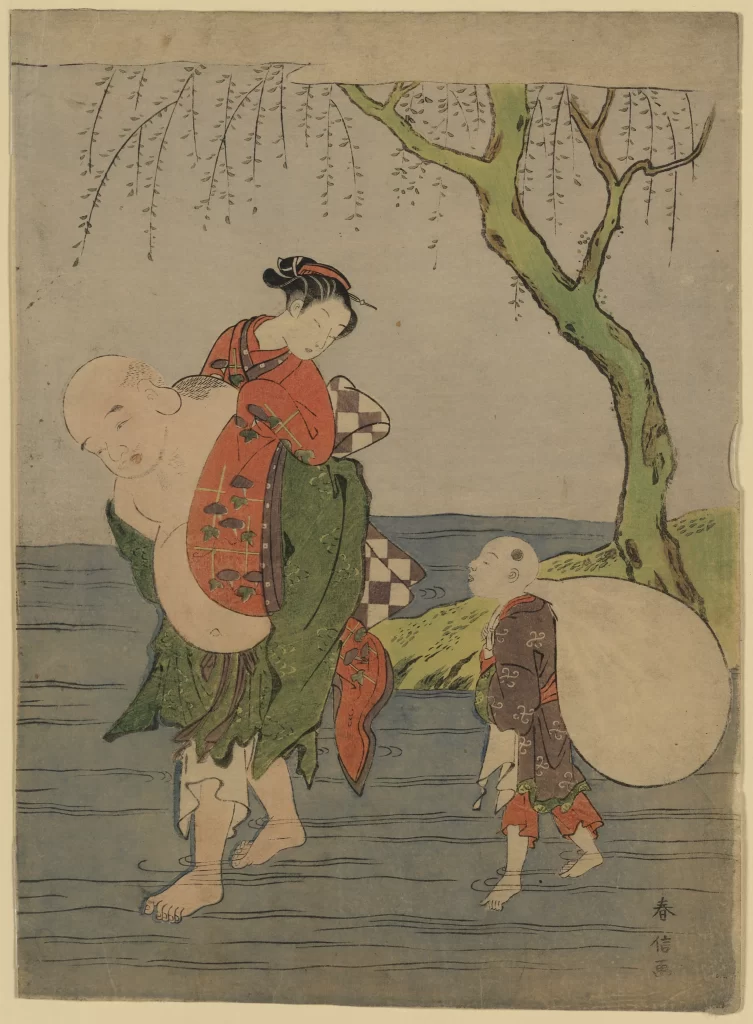 Traditional Japanese Art Sumo Wrestler Woman Child Nature Cultural Scene