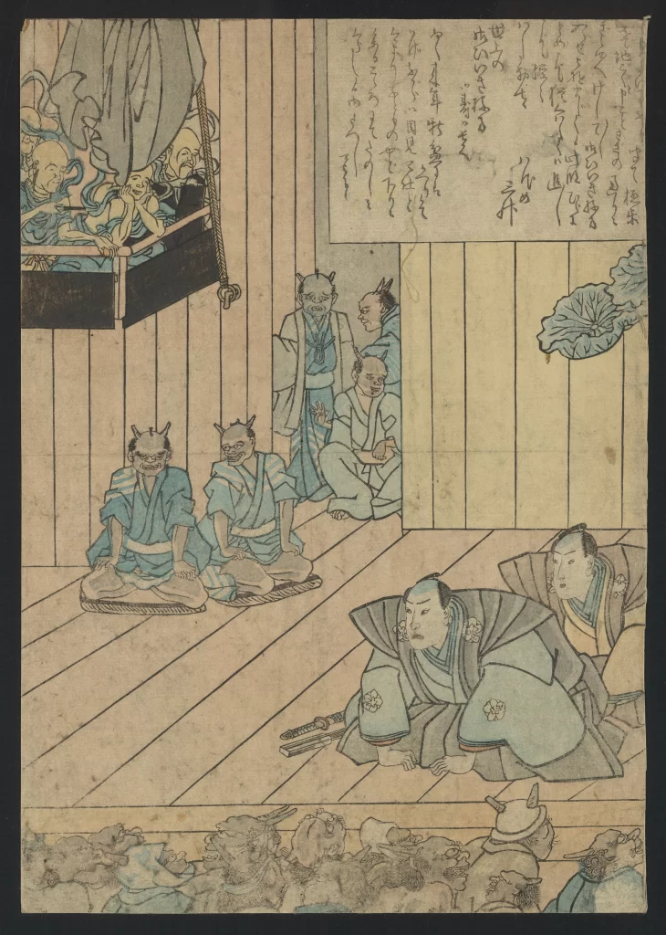 Traditional Japanese Art Sumo Wrestlers Blue And White Woodblock Print Historical Scene