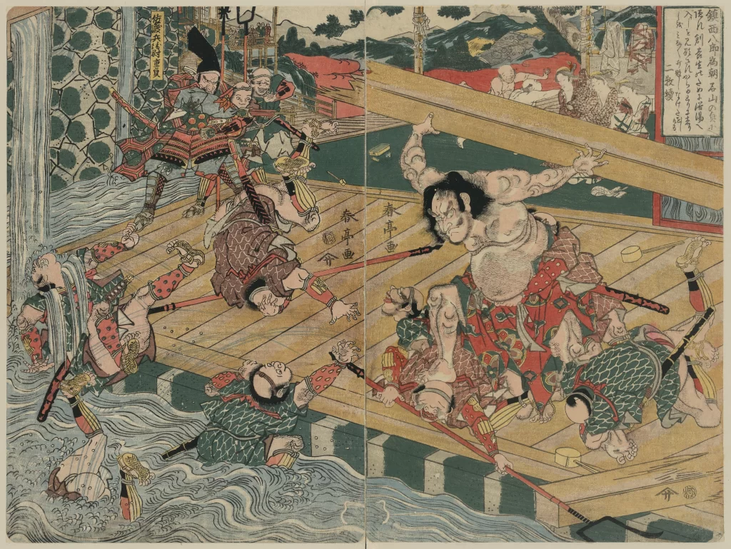 Traditional Japanese Art Sumo Wrestlers Vibrant Colors Dynamic Action Historical Scene