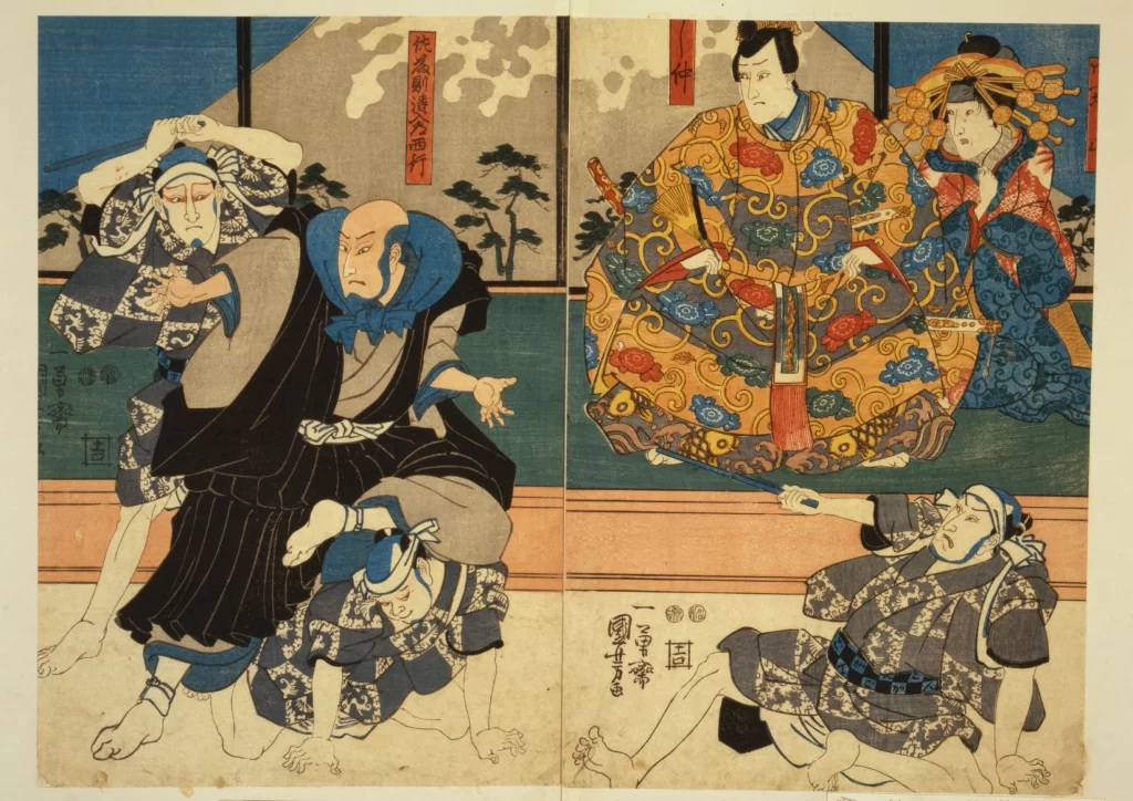 Traditional Japanese Art Sumo Wrestling Colorful Costumes Historical Scene Cultural Depiction