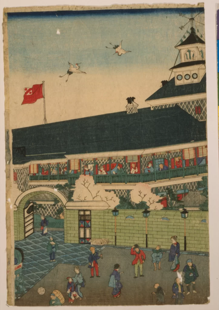 Traditional Japanese Art Ukiyo-e Architecture People Cranes Flag