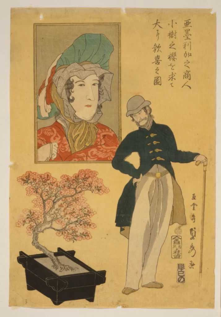 Traditional Japanese Art Ukiyo-e Bonsai Tree Historical Attire Cultural Depiction Foreign Figure