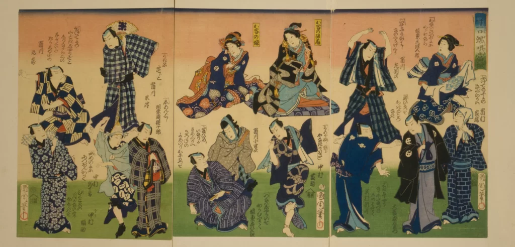 Traditional Japanese Art Ukiyo-e Colorful Costumes Cultural Figures Historical Scene Dynamic Poses