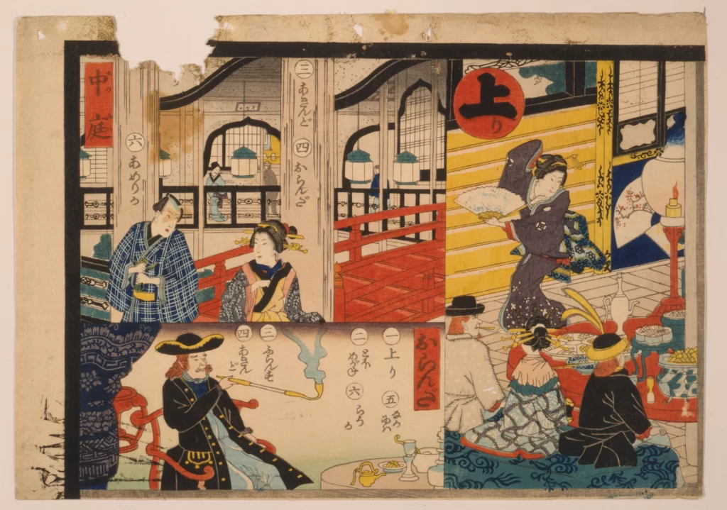 Traditional Japanese Art Ukiyo-e Cultural Scene Historical Setting Colorful Figures