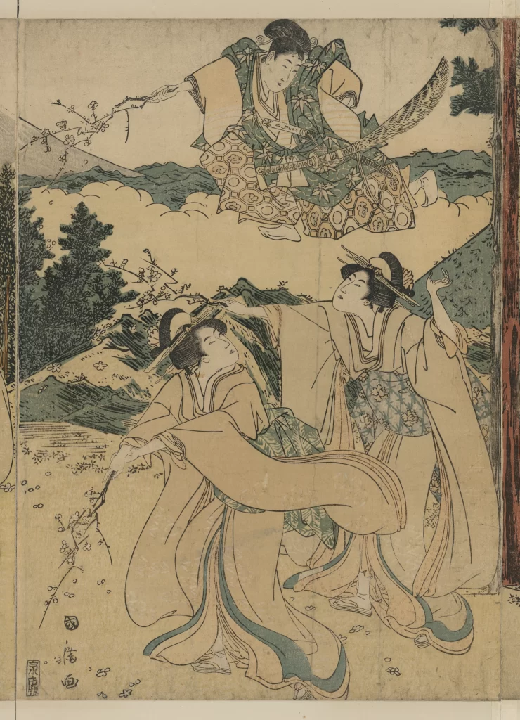 Traditional Japanese Art Ukiyo-E Historical Figures Nature Pastel Colors Dynamic Composition