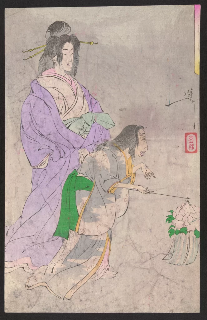 Traditional Japanese Art Ukiyo-E Historical Figures Purple And Green Cultural Attire Detailed Line Work