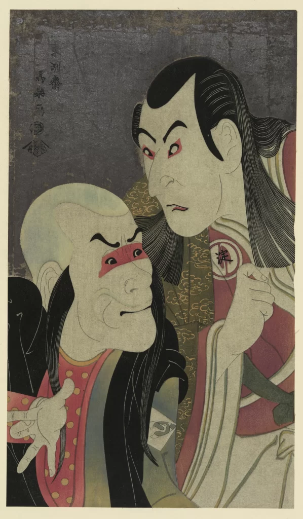 Traditional Japanese Art Ukiyo-e Historical Figures Red And Black Detailed Costumes Dramatic Expressions
