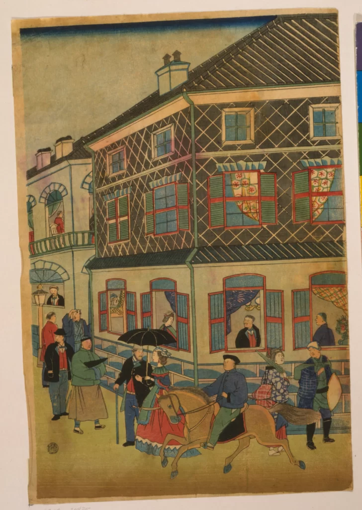 Traditional Japanese Art Ukiyo-e Historical Scene Architecture Cultural Depiction Daily Life
