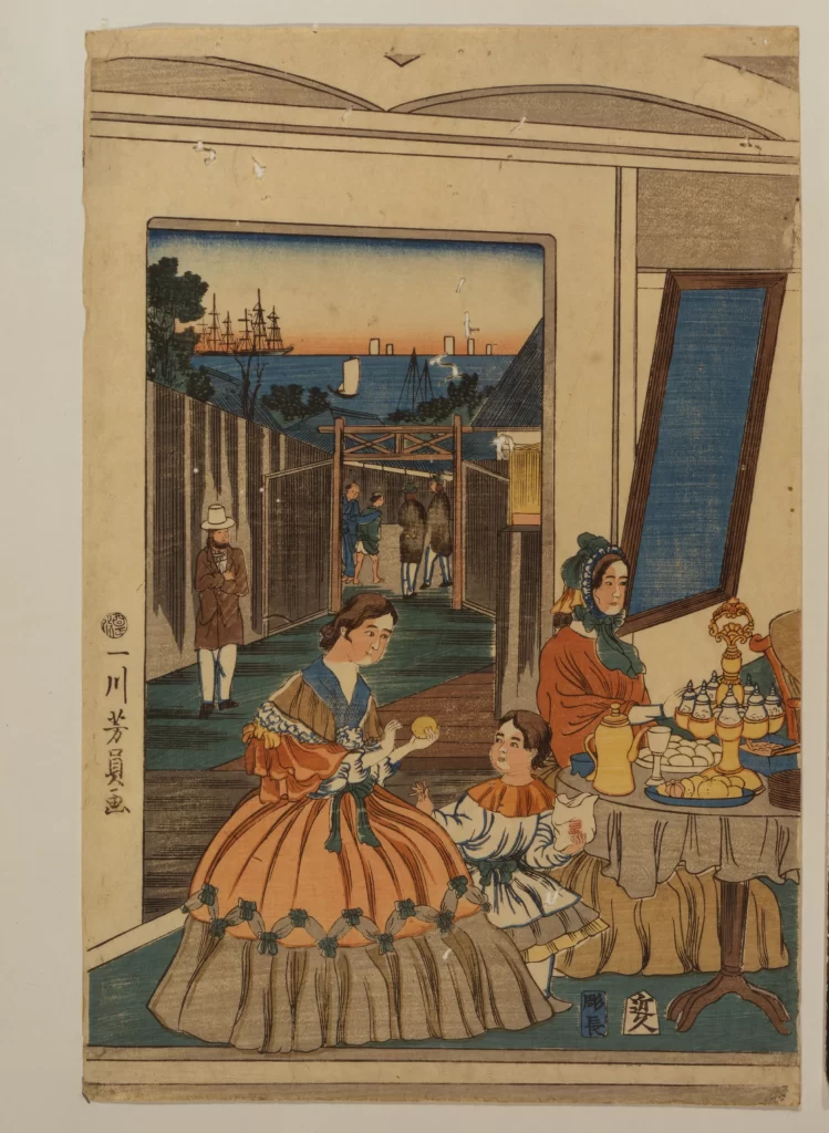 Traditional Japanese Art Ukiyo-e Historical Scene Cultural Depiction Daily Life Foreign Influence
