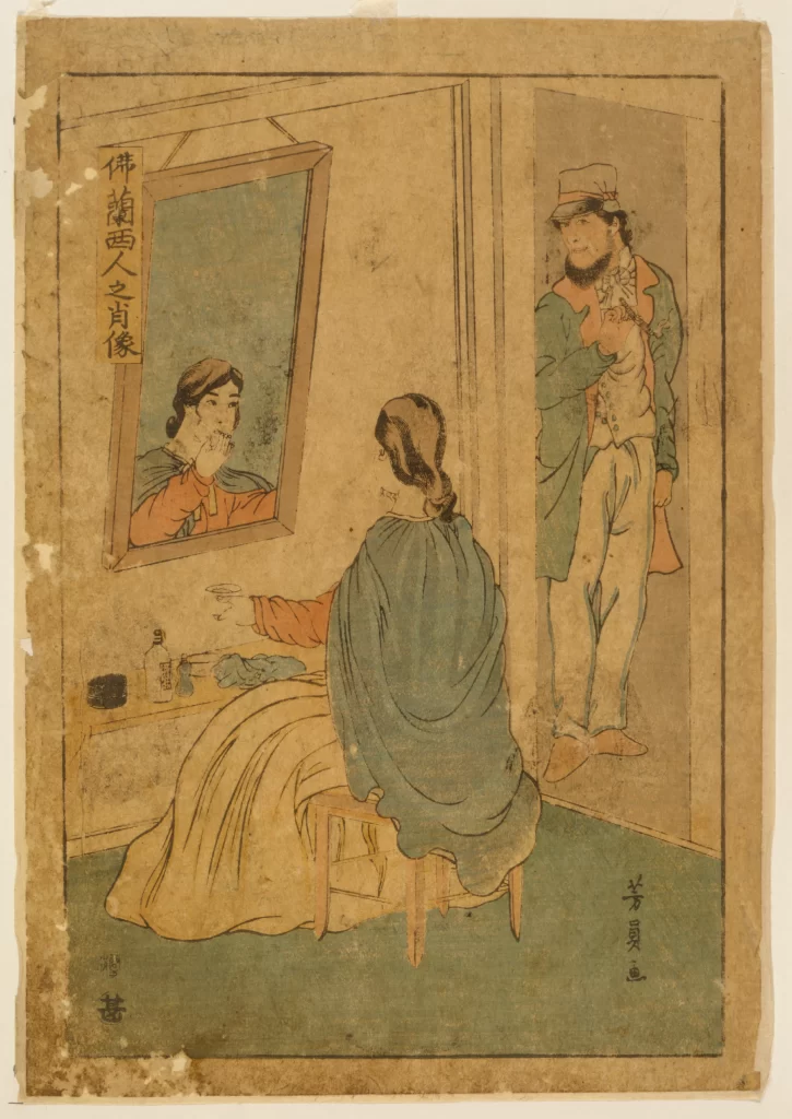Traditional Japanese Art Ukiyo-e Historical Scene Cultural Depiction Figure In Mirror