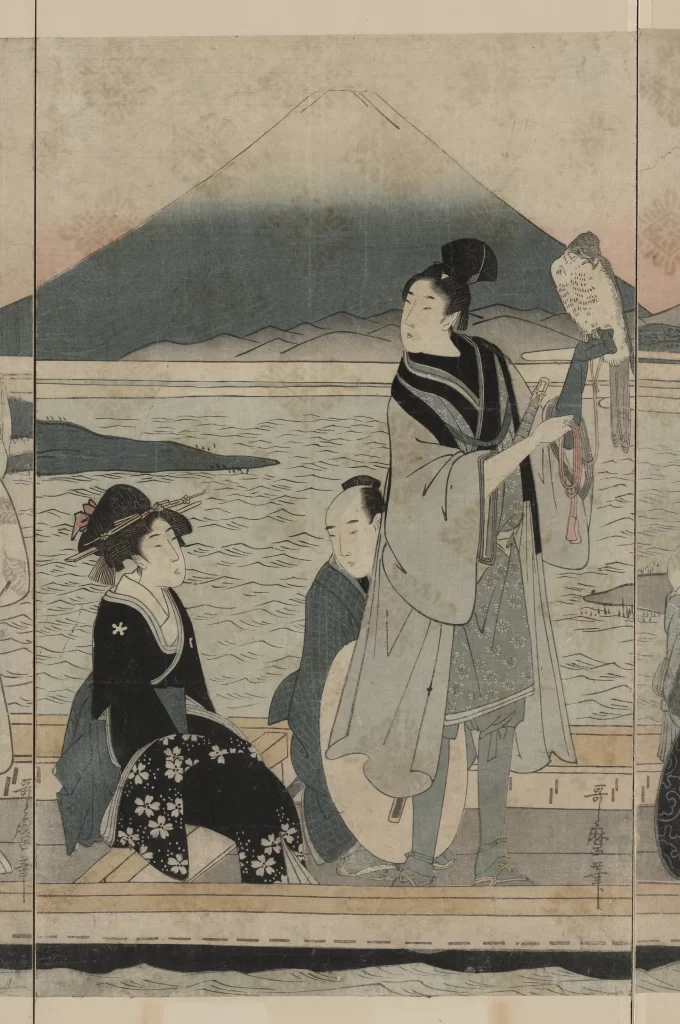 Traditional Japanese Art Ukiyo-E Historical Scene Mount Fuji Samurai Falconry