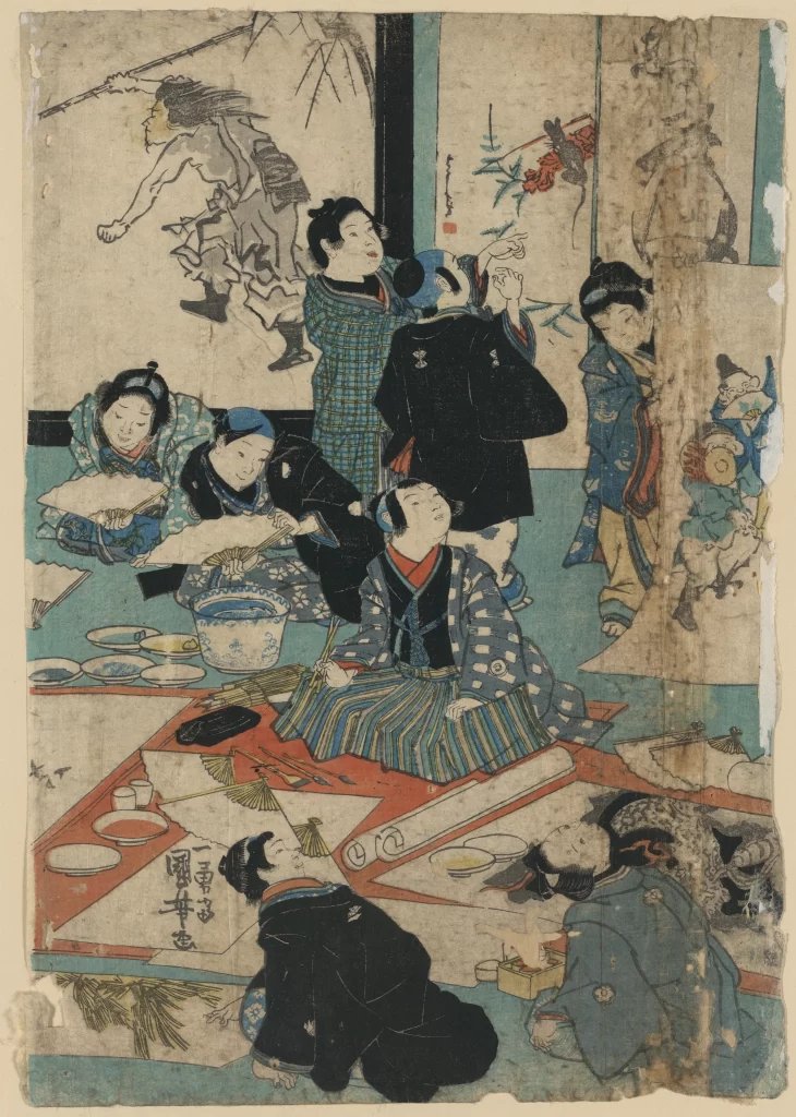 Traditional Japanese Art Ukiyo-e Historical Scene Vibrant Colors Cultural Depiction Detailed Patterns