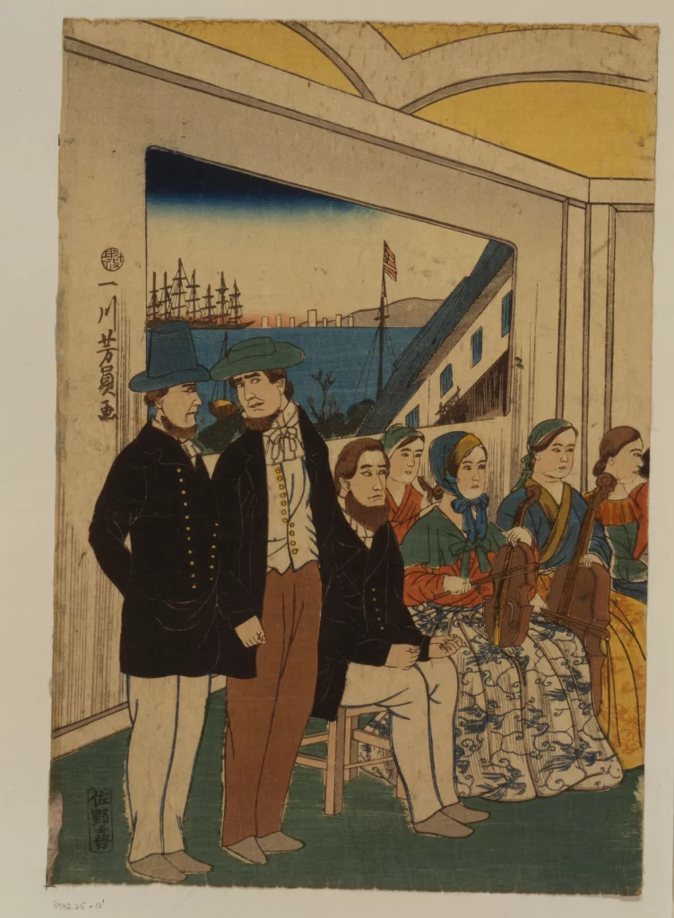 Traditional Japanese Art Ukiyo-e Historical Scene Western Influence Cultural Exchange Maritime Setting