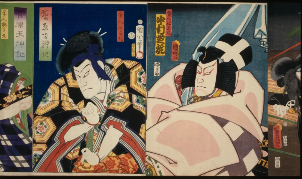 Traditional Japanese Art Ukiyo-e Kabuki Actors Colorful Costumes Historical Figures