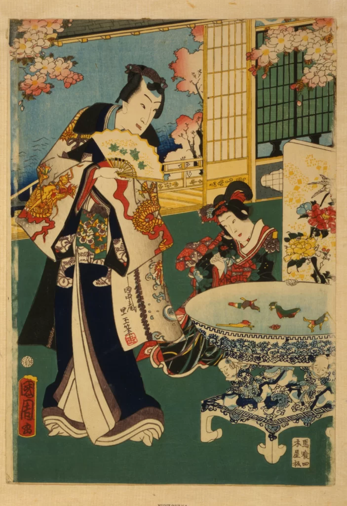 Traditional Japanese Art Ukiyo-e Kimono Cherry Blossoms Cultural Scene Historical Illustration