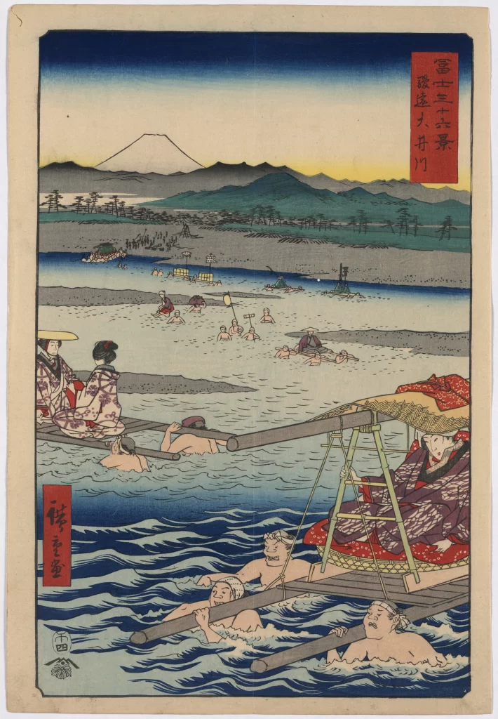 Traditional Japanese Art Ukiyo-E Mount Fuji River People Boats
