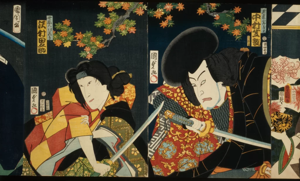 Traditional Japanese Art Ukiyo-e Samurai Colorful Attire Historical Scene