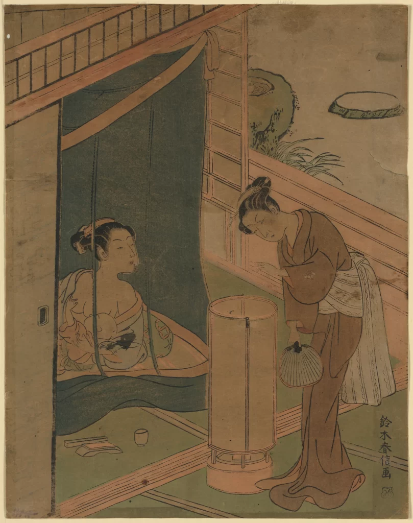 Traditional Japanese Art Ukiyo-e Woman Green Brown Indoor Scene