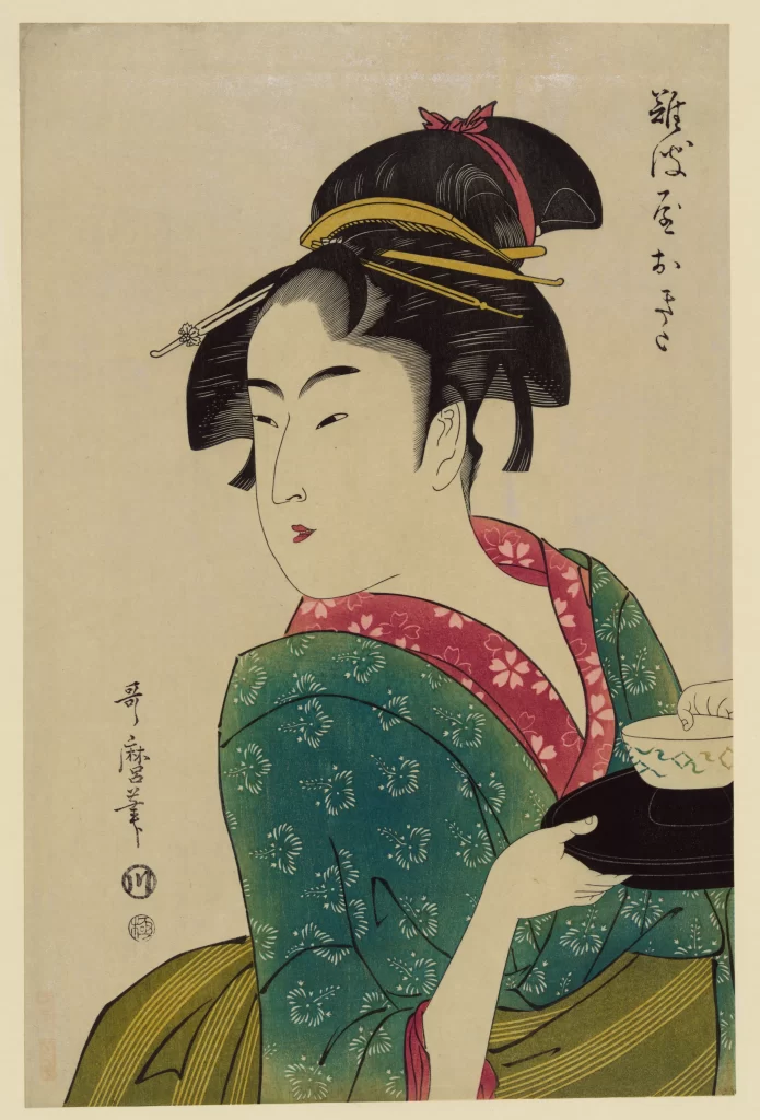 Traditional Japanese Art Ukiyo-e Woman Green Kimono Red Collar Black Hair Accessories