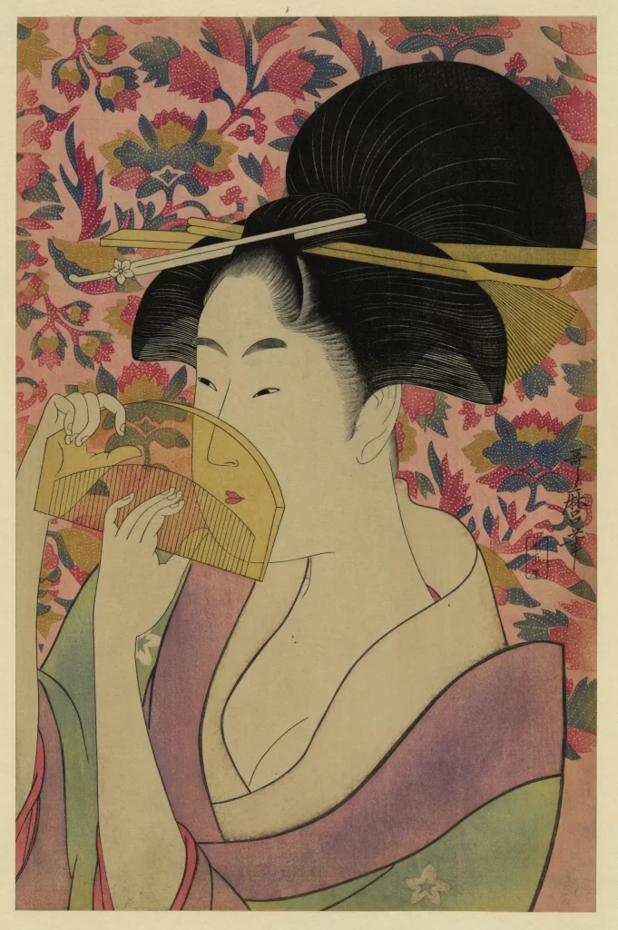 Traditional Japanese Art Ukiyo-e Woman Kimono Floral Pattern Fan