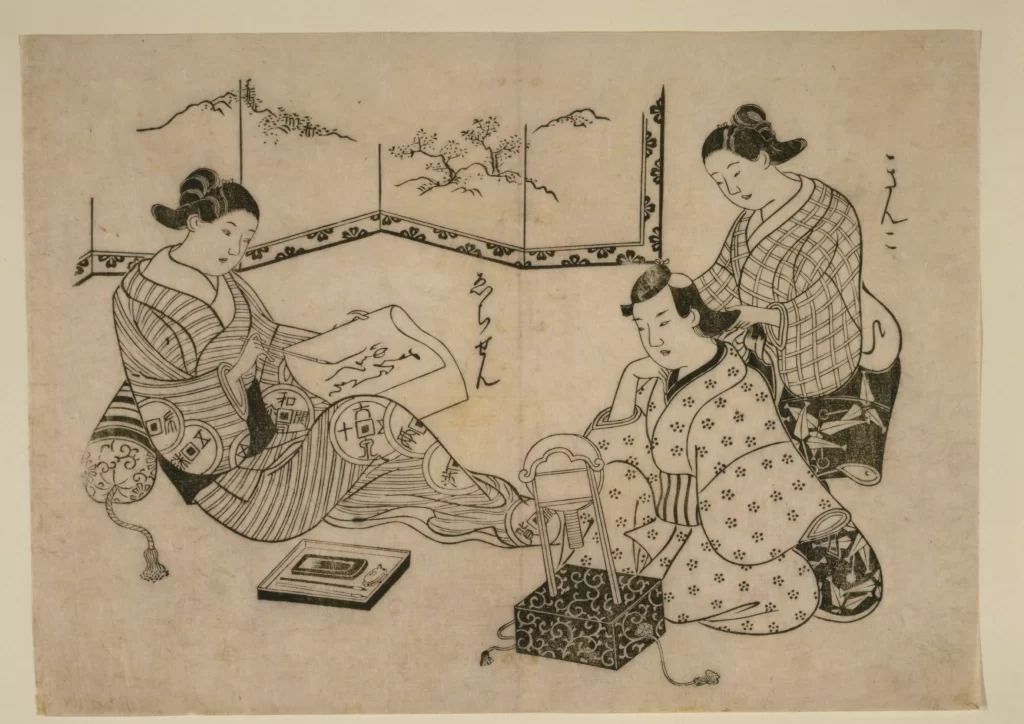 Traditional Japanese Art Ukiyo-e Women Kimono Calligraphy Tea Ceremony
