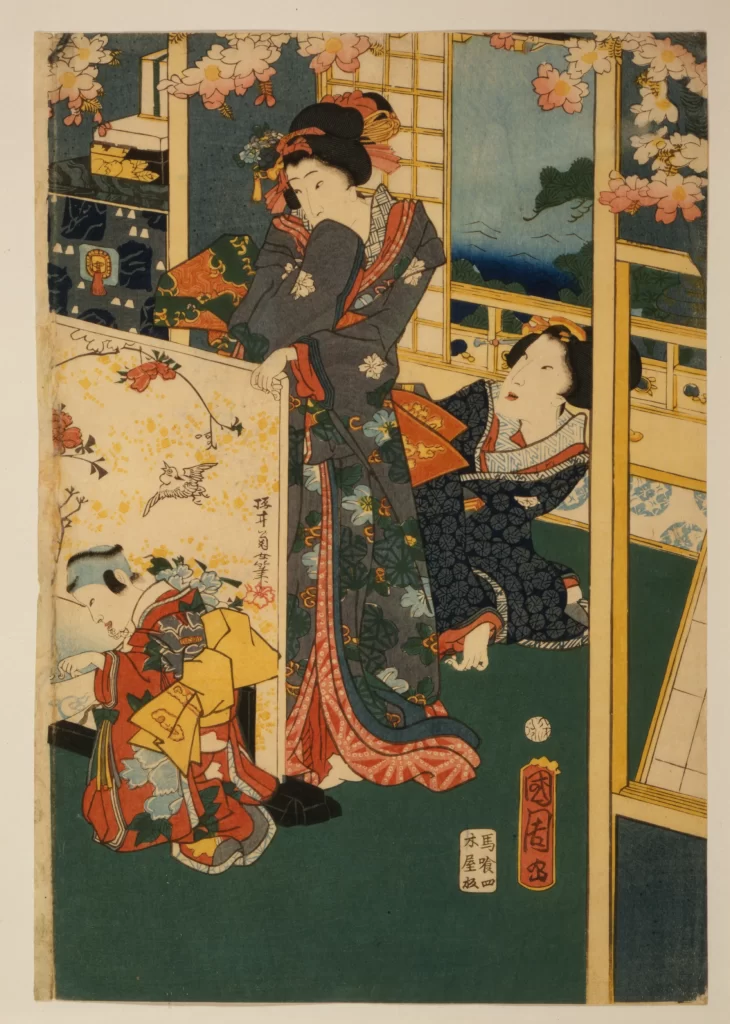 Traditional Japanese Art Ukiyo-e Women Kimono Cherry Blossoms Interior Scene