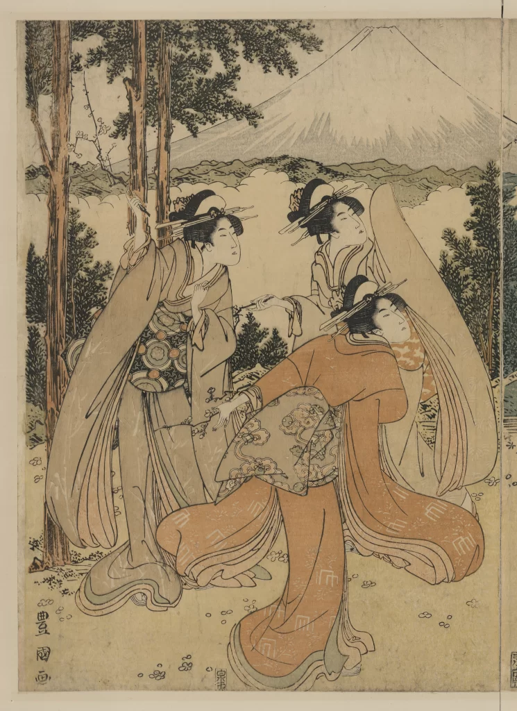 Traditional Japanese Art Ukiyo-E Women Nature Pastel Colors Mount Fuji