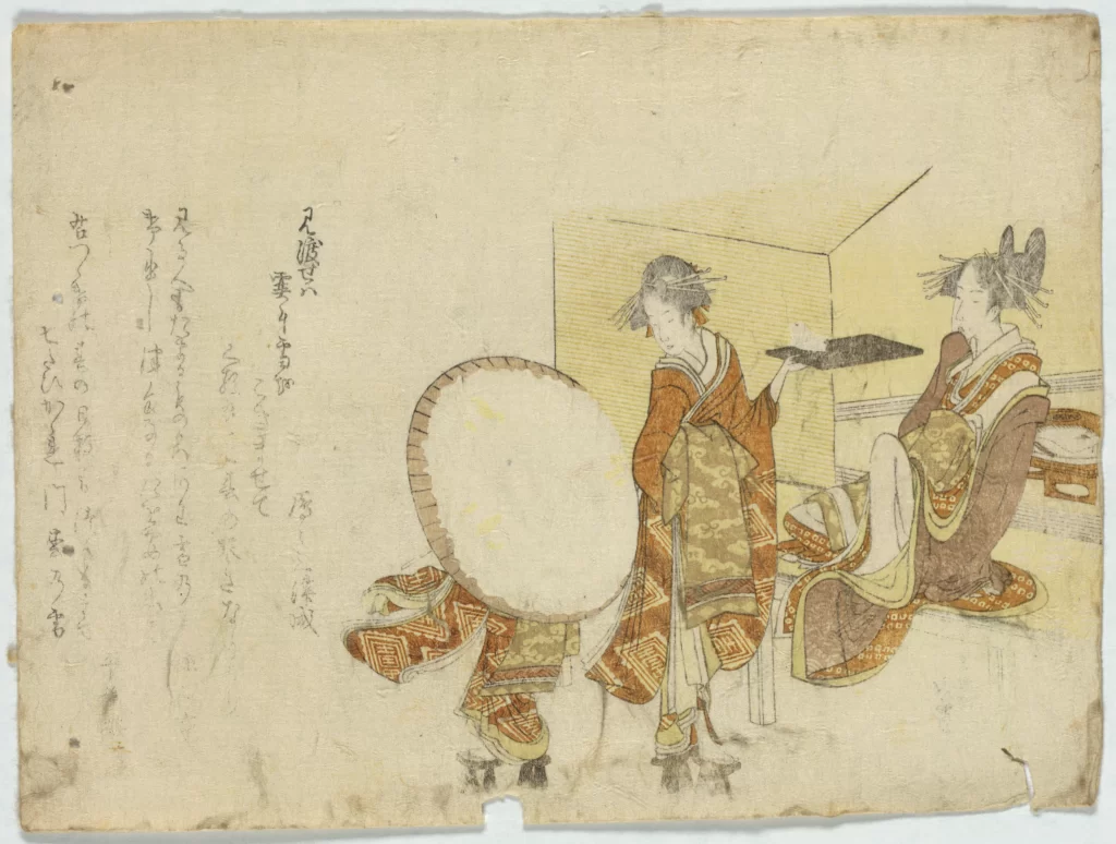 Traditional Japanese Art Ukiyo-E Women Red And Gold Cultural Scene Historical Setting