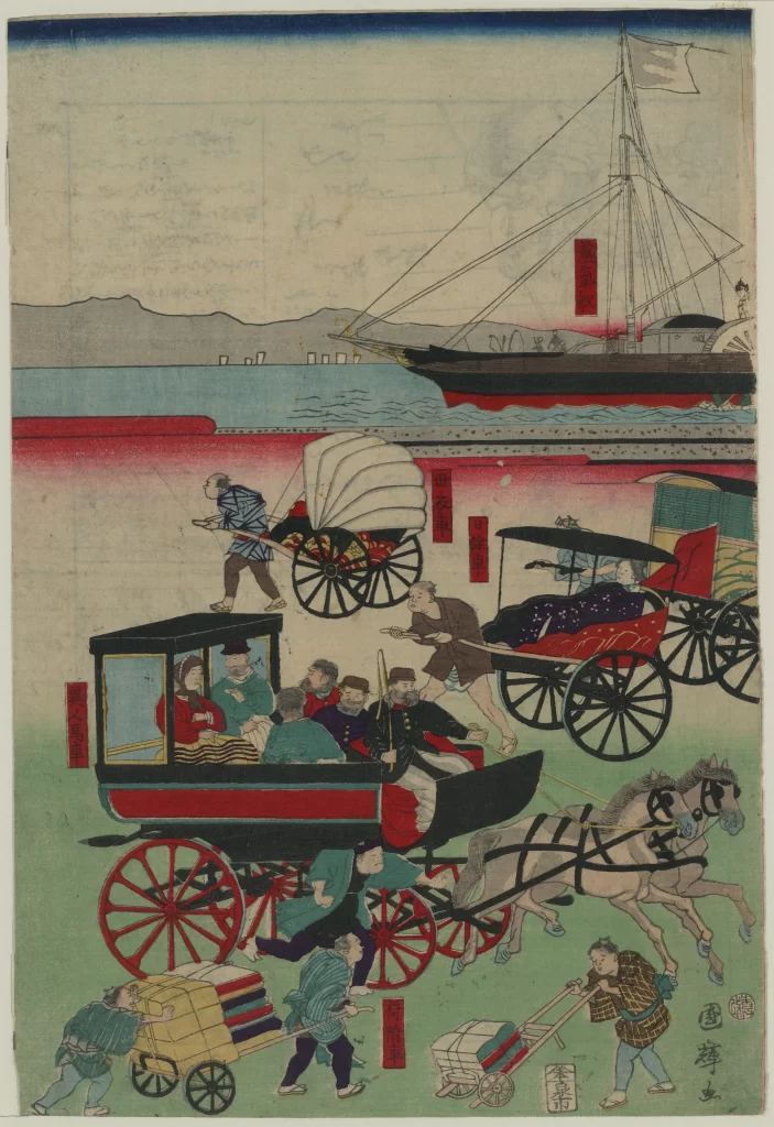 Traditional Japanese Art Vibrant Colors Historical Scene Carriages Horses Cultural Depiction