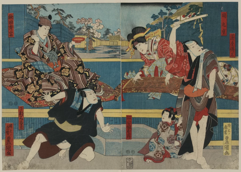 Traditional Japanese Art Vibrant Colors Historical Scene Cultural Attire Dynamic Composition Ukiyo-e Style