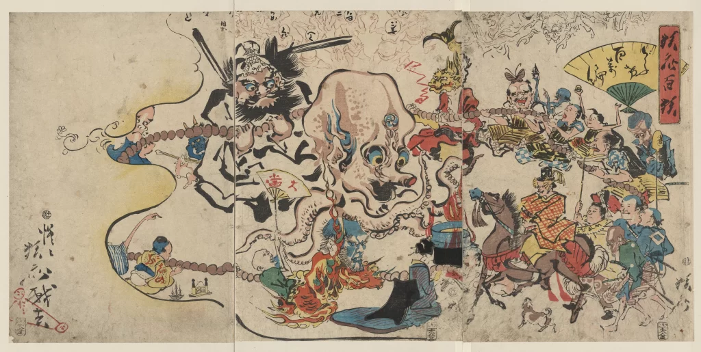 Traditional Japanese Art Vibrant Colors Historical Scene Dynamic Composition Cultural Narrative Intricate Details