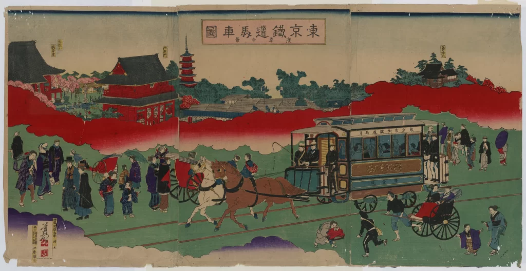 Traditional Japanese Art Vibrant Colors Historical Scene Horse-drawn Carriage Cultural Depiction Ukiyo-e Style