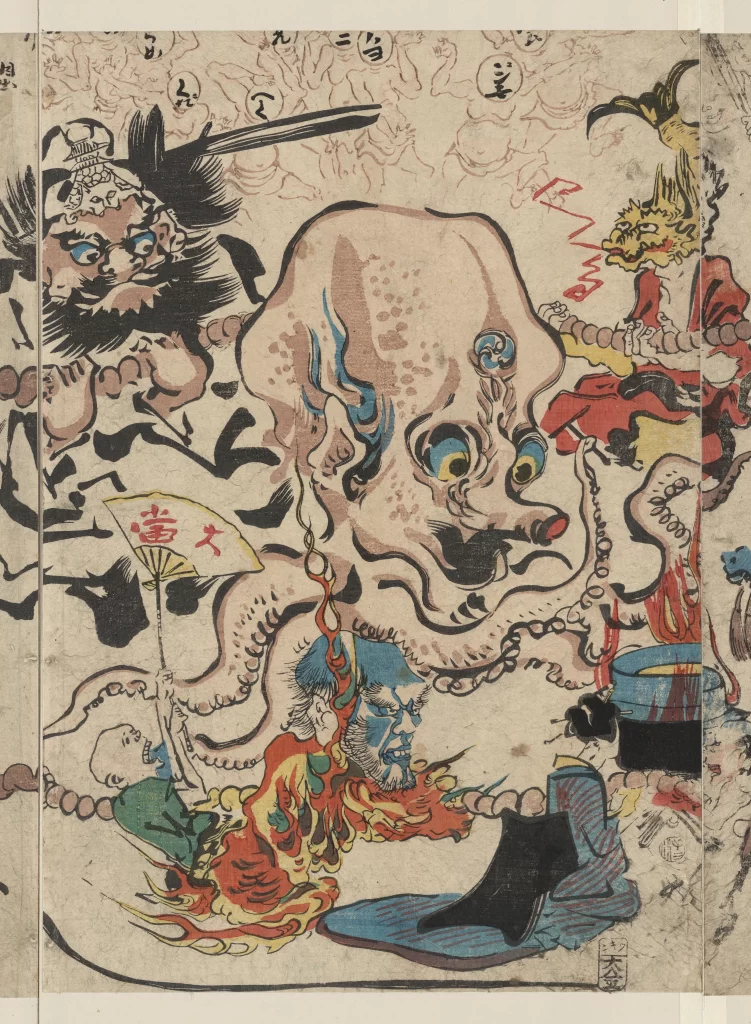 Traditional Japanese Art Vibrant Colors Mythical Creatures Dynamic Composition Cultural Symbolism