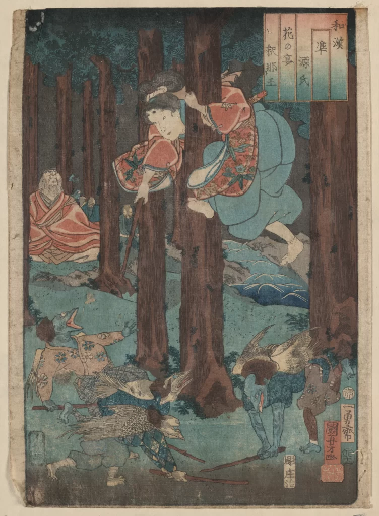 Traditional Japanese Art Vibrant Colors Mythical Creatures Forest Setting Dynamic Composition Cultural Narrative