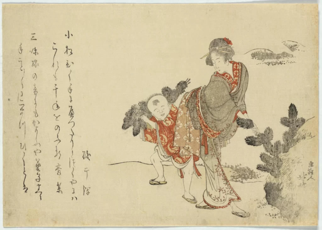Traditional Japanese Art Woman And Child Red And Black Ukiyo-E Historical Scene